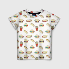 Детская футболка 3D с принтом Фастфуд арт в Петрозаводске, 100% гипоаллергенный полиэфир | прямой крой, круглый вырез горловины, длина до линии бедер, чуть спущенное плечо, ткань немного тянется | бургеры | еда | фастфуд | хот дог