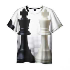 Мужская футболка 3D с принтом Шахматы в Петрозаводске, 100% полиэфир | прямой крой, круглый вырез горловины, длина до линии бедер | белая | черная | шахматы