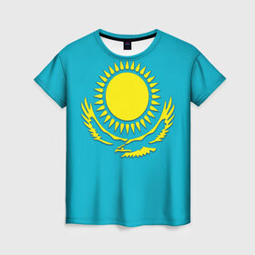 Женская футболка 3D с принтом Казахстан в Петрозаводске, 100% полиэфир ( синтетическое хлопкоподобное полотно) | прямой крой, круглый вырез горловины, длина до линии бедер | герб | казахстан | флаг