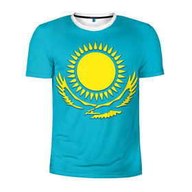 Мужская футболка 3D спортивная с принтом Казахстан в Петрозаводске, 100% полиэстер с улучшенными характеристиками | приталенный силуэт, круглая горловина, широкие плечи, сужается к линии бедра | герб | казахстан | флаг