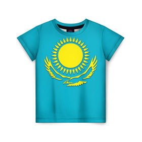 Детская футболка 3D с принтом Казахстан в Петрозаводске, 100% гипоаллергенный полиэфир | прямой крой, круглый вырез горловины, длина до линии бедер, чуть спущенное плечо, ткань немного тянется | Тематика изображения на принте: герб | казахстан | флаг