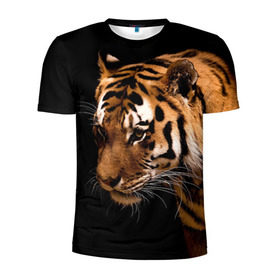 Мужская футболка 3D спортивная с принтом Тигр в Петрозаводске, 100% полиэстер с улучшенными характеристиками | приталенный силуэт, круглая горловина, широкие плечи, сужается к линии бедра | полосы | хищник