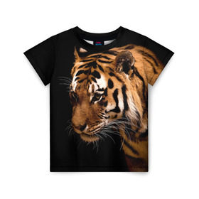 Детская футболка 3D с принтом Тигр в Петрозаводске, 100% гипоаллергенный полиэфир | прямой крой, круглый вырез горловины, длина до линии бедер, чуть спущенное плечо, ткань немного тянется | Тематика изображения на принте: полосы | хищник