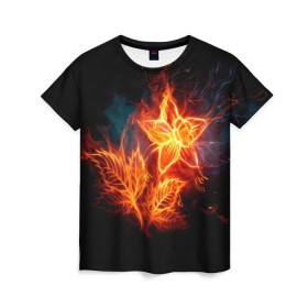 Женская футболка 3D с принтом Огненный цветок в Петрозаводске, 100% полиэфир ( синтетическое хлопкоподобное полотно) | прямой крой, круглый вырез горловины, длина до линии бедер | звезда | искры | огненный цветок | огонь | пламя | пожар