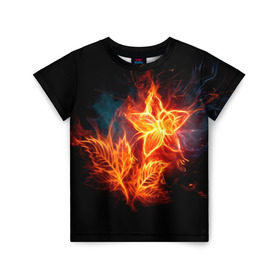 Детская футболка 3D с принтом Огненный цветок в Петрозаводске, 100% гипоаллергенный полиэфир | прямой крой, круглый вырез горловины, длина до линии бедер, чуть спущенное плечо, ткань немного тянется | звезда | искры | огненный цветок | огонь | пламя | пожар