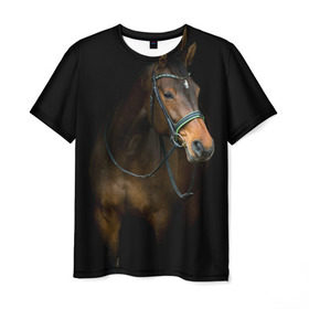 Мужская футболка 3D с принтом Породистый жеребец в Петрозаводске, 100% полиэфир | прямой крой, круглый вырез горловины, длина до линии бедер | жеребец | животные | конь | лошадка | лошадь | погоня | седло | скакун | скачки | узда