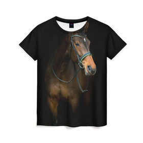 Женская футболка 3D с принтом Породистый жеребец в Петрозаводске, 100% полиэфир ( синтетическое хлопкоподобное полотно) | прямой крой, круглый вырез горловины, длина до линии бедер | жеребец | животные | конь | лошадка | лошадь | погоня | седло | скакун | скачки | узда