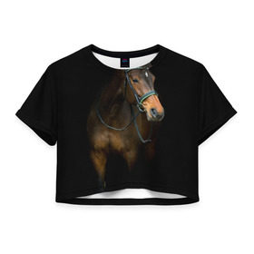 Женская футболка 3D укороченная с принтом Породистый жеребец в Петрозаводске, 100% полиэстер | круглая горловина, длина футболки до линии талии, рукава с отворотами | жеребец | животные | конь | лошадка | лошадь | погоня | седло | скакун | скачки | узда