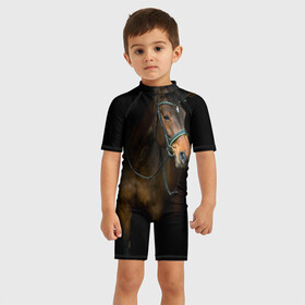 Детский купальный костюм 3D с принтом Породистый жеребец в Петрозаводске, Полиэстер 85%, Спандекс 15% | застежка на молнии на спине | жеребец | животные | конь | лошадка | лошадь | погоня | седло | скакун | скачки | узда