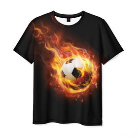 Мужская футболка 3D с принтом Страсть к футболу в Петрозаводске, 100% полиэфир | прямой крой, круглый вырез горловины, длина до линии бедер | игра | искры | мяч | огонь | пламя | спорт | страсть | фанат | футбол | футболист