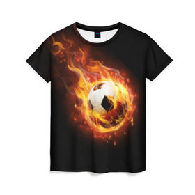Женская футболка 3D с принтом Страсть к футболу в Петрозаводске, 100% полиэфир ( синтетическое хлопкоподобное полотно) | прямой крой, круглый вырез горловины, длина до линии бедер | Тематика изображения на принте: игра | искры | мяч | огонь | пламя | спорт | страсть | фанат | футбол | футболист
