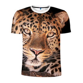 Мужская футболка 3D спортивная с принтом Леопард в Петрозаводске, 100% полиэстер с улучшенными характеристиками | приталенный силуэт, круглая горловина, широкие плечи, сужается к линии бедра | Тематика изображения на принте: гепард | грация | дикая кошка | добыча | животные | леопард | ловкость | опасность | пятна | хищник | ягуар
