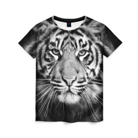 Женская футболка 3D с принтом Красавец тигр в Петрозаводске, 100% полиэфир ( синтетическое хлопкоподобное полотно) | прямой крой, круглый вырез горловины, длина до линии бедер | джунгли | дикая кошка | животные | зверь | король | кровь | мясо | опасность | охотник | тигр | хищник | царь | цирк