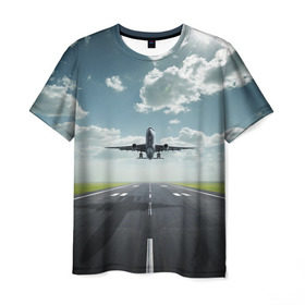 Мужская футболка 3D с принтом Самолет в Петрозаводске, 100% полиэфир | прямой крой, круглый вырез горловины, длина до линии бедер | Тематика изображения на принте: взлет | небо | природа