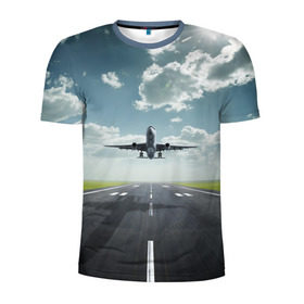 Мужская футболка 3D спортивная с принтом Самолет в Петрозаводске, 100% полиэстер с улучшенными характеристиками | приталенный силуэт, круглая горловина, широкие плечи, сужается к линии бедра | Тематика изображения на принте: взлет | небо | природа
