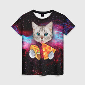 Женская футболка 3D с принтом Кот с едой в Петрозаводске, 100% полиэфир ( синтетическое хлопкоподобное полотно) | прямой крой, круглый вырез горловины, длина до линии бедер | art | cat | pizza | space | еда | космос | кот | кот в космосе | кот с едой | котенок | котик | пицца