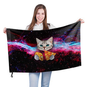 Флаг 3D с принтом Кот с едой в Петрозаводске, 100% полиэстер | плотность ткани — 95 г/м2, размер — 67 х 109 см. Принт наносится с одной стороны | art | cat | pizza | space | еда | космос | кот | кот в космосе | кот с едой | котенок | котик | пицца