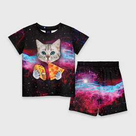 Детский костюм с шортами 3D с принтом Кот с едой в Петрозаводске,  |  | art | cat | pizza | space | еда | космос | кот | кот в космосе | кот с едой | котенок | котик | пицца