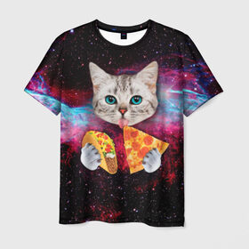 Мужская футболка 3D с принтом Кот с едой в Петрозаводске, 100% полиэфир | прямой крой, круглый вырез горловины, длина до линии бедер | Тематика изображения на принте: art | cat | pizza | space | еда | космос | кот | кот в космосе | кот с едой | котенок | котик | пицца