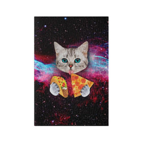Обложка для паспорта матовая кожа с принтом Кот с едой в Петрозаводске, натуральная матовая кожа | размер 19,3 х 13,7 см; прозрачные пластиковые крепления | Тематика изображения на принте: art | cat | pizza | space | еда | космос | кот | кот в космосе | кот с едой | котенок | котик | пицца