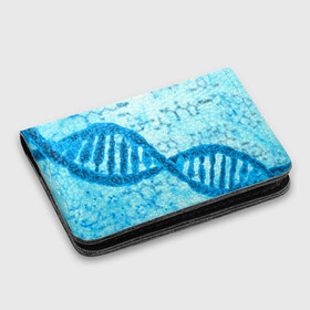 Картхолдер с принтом с принтом ДНК в Петрозаводске, натуральная матовая кожа | размер 7,3 х 10 см; кардхолдер имеет 4 кармана для карт; | абстракция | биология | днк | молекула | синяя.цепочка | формула