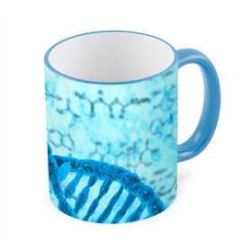 Кружка 3D с принтом ДНК в Петрозаводске, керамика | ёмкость 330 мл | Тематика изображения на принте: абстракция | биология | днк | молекула | синяя.цепочка | формула
