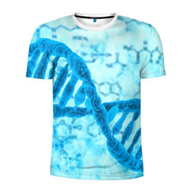 Мужская футболка 3D спортивная с принтом ДНК в Петрозаводске, 100% полиэстер с улучшенными характеристиками | приталенный силуэт, круглая горловина, широкие плечи, сужается к линии бедра | Тематика изображения на принте: абстракция | биология | днк | молекула | синяя.цепочка | формула