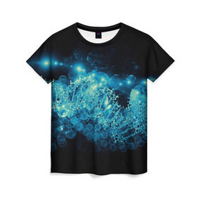 Женская футболка 3D с принтом Молекула в Петрозаводске, 100% полиэфир ( синтетическое хлопкоподобное полотно) | прямой крой, круглый вырез горловины, длина до линии бедер | абстракция | биология | днк | молекула | синяя.цепочка | формула