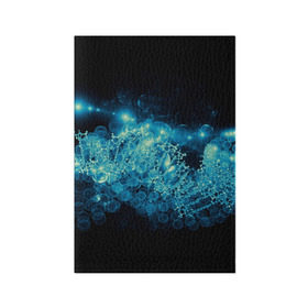 Обложка для паспорта матовая кожа с принтом Молекула в Петрозаводске, натуральная матовая кожа | размер 19,3 х 13,7 см; прозрачные пластиковые крепления | абстракция | биология | днк | молекула | синяя.цепочка | формула