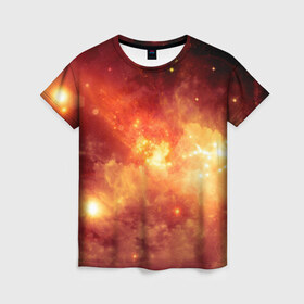 Женская футболка 3D с принтом Пылающий космос в Петрозаводске, 100% полиэфир ( синтетическое хлопкоподобное полотно) | прямой крой, круглый вырез горловины, длина до линии бедер | вселенная | вспышка | галактика | звёзды | комета | космос | метеориты | метеоры | огонь | пламя | планеты | свет