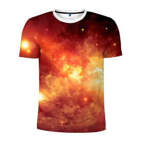 Мужская футболка 3D спортивная с принтом Пылающий космос в Петрозаводске, 100% полиэстер с улучшенными характеристиками | приталенный силуэт, круглая горловина, широкие плечи, сужается к линии бедра | вселенная | вспышка | галактика | звёзды | комета | космос | метеориты | метеоры | огонь | пламя | планеты | свет