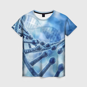 Женская футболка 3D с принтом Молекула ДНК в Петрозаводске, 100% полиэфир ( синтетическое хлопкоподобное полотно) | прямой крой, круглый вырез горловины, длина до линии бедер | dna | биохимия | внешность | ген | генетика | днк | молекула | наследственность | спираль | способности | структура | характер | черты