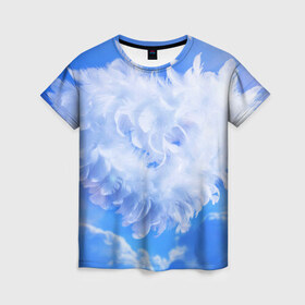 Женская футболка 3D с принтом Сердце в Петрозаводске, 100% полиэфир ( синтетическое хлопкоподобное полотно) | прямой крой, круглый вырез горловины, длина до линии бедер | голубая | любовь | небо | новая | перья | сердце