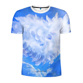 Мужская футболка 3D спортивная с принтом Сердце в Петрозаводске, 100% полиэстер с улучшенными характеристиками | приталенный силуэт, круглая горловина, широкие плечи, сужается к линии бедра | голубая | любовь | небо | новая | перья | сердце