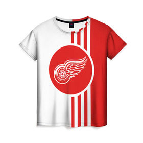 Женская футболка 3D с принтом Детройт Ред Уингз в Петрозаводске, 100% полиэфир ( синтетическое хлопкоподобное полотно) | прямой крой, круглый вырез горловины, длина до линии бедер | детройт | нхл | ред уингз | хоккей