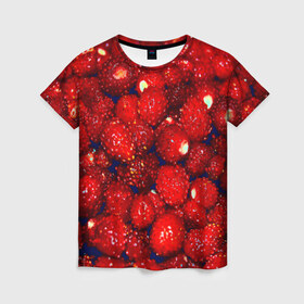 Женская футболка 3D с принтом Земляника в Петрозаводске, 100% полиэфир ( синтетическое хлопкоподобное полотно) | прямой крой, круглый вырез горловины, длина до линии бедер | земляника | клубника | красный | лето | природа | ягода