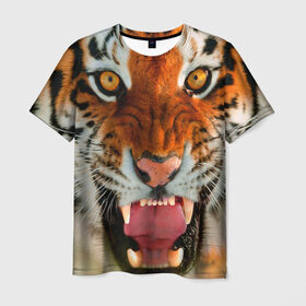 Мужская футболка 3D с принтом Амурский тигр в Петрозаводске, 100% полиэфир | прямой крой, круглый вырез горловины, длина до линии бедер | Тематика изображения на принте: амур | голова | животные | кошка | оскал | тигр