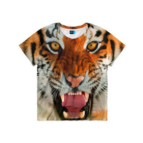 Детская футболка 3D с принтом Амурский тигр в Петрозаводске, 100% гипоаллергенный полиэфир | прямой крой, круглый вырез горловины, длина до линии бедер, чуть спущенное плечо, ткань немного тянется | амур | голова | животные | кошка | оскал | тигр