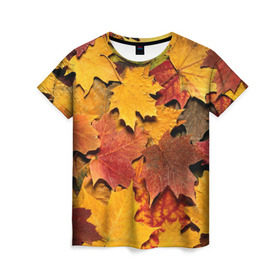 Женская футболка 3D с принтом Осень на дворе в Петрозаводске, 100% полиэфир ( синтетическое хлопкоподобное полотно) | прямой крой, круглый вырез горловины, длина до линии бедер | бордовый | жёлтый | красный | листва | листья