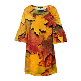 Детское платье 3D с принтом Осень на дворе в Петрозаводске, 100% полиэстер | прямой силуэт, чуть расширенный к низу. Круглая горловина, на рукавах — воланы | Тематика изображения на принте: бордовый | жёлтый | красный | листва | листья