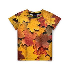 Детская футболка 3D с принтом Осень на дворе в Петрозаводске, 100% гипоаллергенный полиэфир | прямой крой, круглый вырез горловины, длина до линии бедер, чуть спущенное плечо, ткань немного тянется | Тематика изображения на принте: бордовый | жёлтый | красный | листва | листья