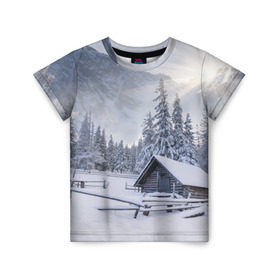 Детская футболка 3D с принтом Зима в Петрозаводске, 100% гипоаллергенный полиэфир | прямой крой, круглый вырез горловины, длина до линии бедер, чуть спущенное плечо, ткань немного тянется | вьюга | горы | зима | лес | метель | мороз | пейзаж | природа | пурга | снег | снегопад | сосулька | стужа | сугроб | холод