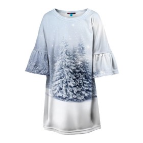 Детское платье 3D с принтом Зимняя пора в Петрозаводске, 100% полиэстер | прямой силуэт, чуть расширенный к низу. Круглая горловина, на рукавах — воланы | Тематика изображения на принте: вьюга | горы | зима | лес | метель | мороз | пейзаж | пурга | снег | снегопад | сосулька | стужа | сугроб | холод