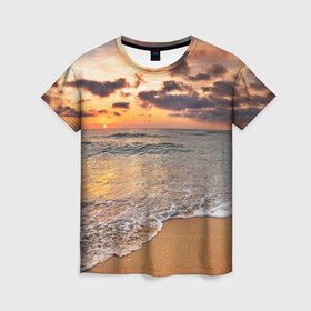 Женская футболка 3D с принтом Огненный закат в Петрозаводске, 100% полиэфир ( синтетическое хлопкоподобное полотно) | прямой крой, круглый вырез горловины, длина до линии бедер | закат | море | небо | океан | рассвет