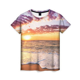 Женская футболка 3D с принтом Sunset в Петрозаводске, 100% полиэфир ( синтетическое хлопкоподобное полотно) | прямой крой, круглый вырез горловины, длина до линии бедер | волны | закат | море | небо | океан | рассвет | солнце