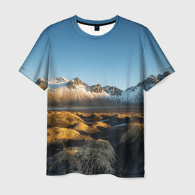 Мужская футболка 3D с принтом Горный хребет в Петрозаводске, 100% полиэфир | прямой крой, круглый вырез горловины, длина до линии бедер | Тематика изображения на принте: горы | небо | пейзаж | скалы | хребет