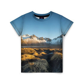 Детская футболка 3D с принтом Горный хребет в Петрозаводске, 100% гипоаллергенный полиэфир | прямой крой, круглый вырез горловины, длина до линии бедер, чуть спущенное плечо, ткань немного тянется | Тематика изображения на принте: горы | небо | пейзаж | скалы | хребет