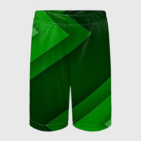 Детские спортивные шорты 3D с принтом Зелёные стрелы в Петрозаводске,  100% полиэстер
 | пояс оформлен широкой мягкой резинкой, ткань тянется
 | Тематика изображения на принте: геометрия | зеленый | полосы