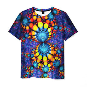 Мужская футболка 3D с принтом Узорный фон в Петрозаводске, 100% полиэфир | прямой крой, круглый вырез горловины, длина до линии бедер | круги | разноцветный | фракталы | яркий