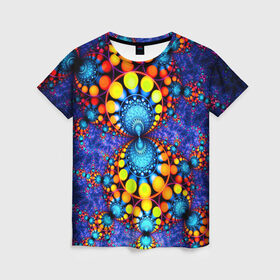 Женская футболка 3D с принтом Узорный фон в Петрозаводске, 100% полиэфир ( синтетическое хлопкоподобное полотно) | прямой крой, круглый вырез горловины, длина до линии бедер | круги | разноцветный | фракталы | яркий